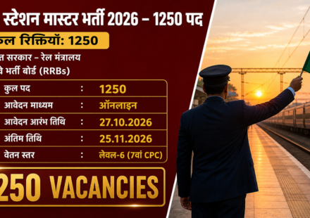 RRB स्टेशन मास्टर भर्ती 2026: 1250 पद, अंतिम तिथि 25.11.2026